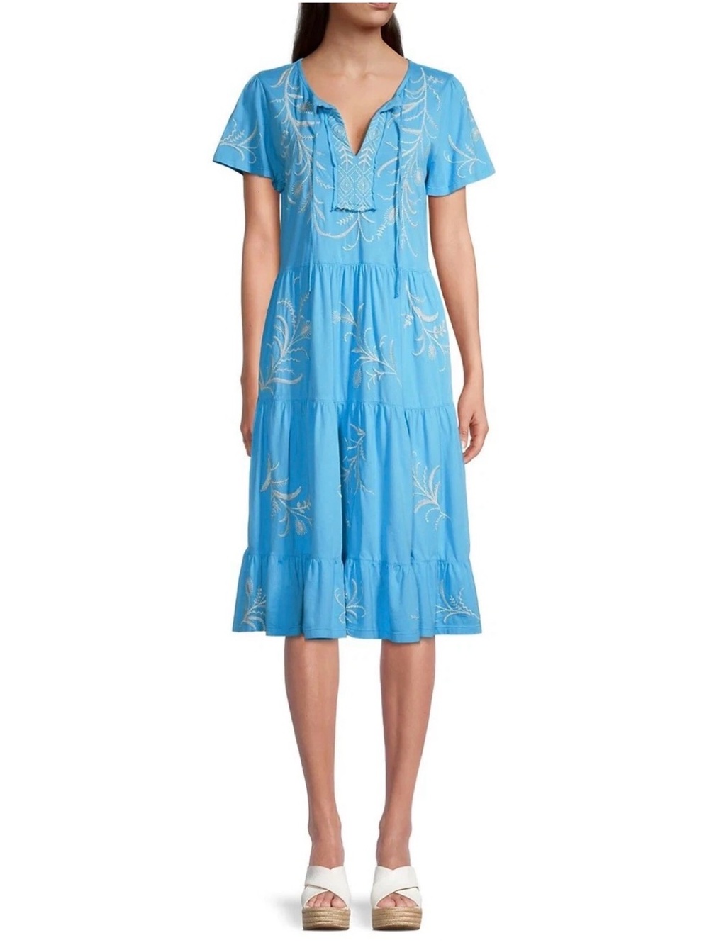 NWT Johnny Was Fern Boho Blue Embroidered Tiered V-Neck Midi Dress